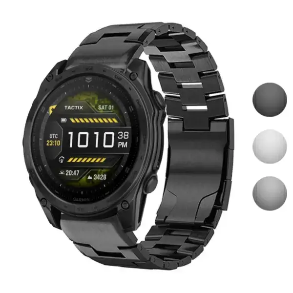 Vented Titanium Bracelet for Garmin Fenix Tactix 8 (51mm) shown in black, featuring a sleek design that enhances durability and style for outdoor adventures