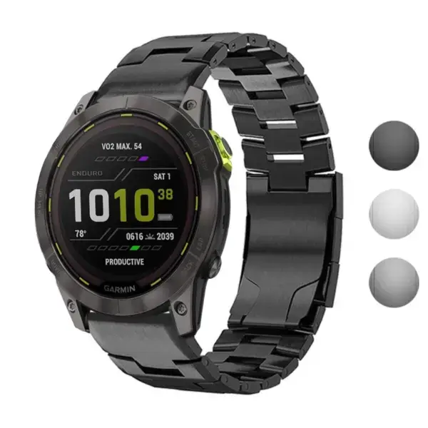 Vented Titanium Bracelet for Garmin Enduro 3, crafted from durable metal. Compatible with Garmin Enduro and Enduro 3, featuring a sleek design and secure fit