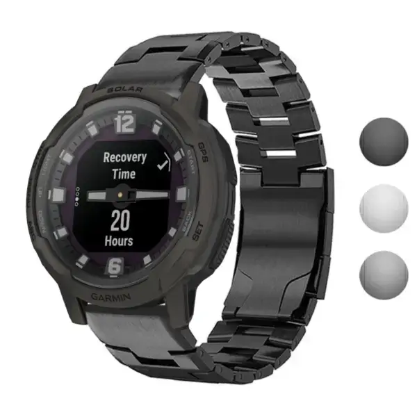Vented Titanium Bracelet designed for Garmin Instinct and Instinct Crossover. Made of durable metal, it offers a sleek look and enhanced comfort for active lifestyles