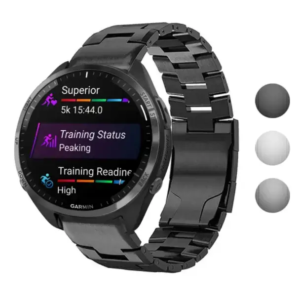 Vented Titanium Bracelet designed for the Garmin Forerunner 965, featuring a sleek metal finish and compatibility with the watch for a stylish, durable look