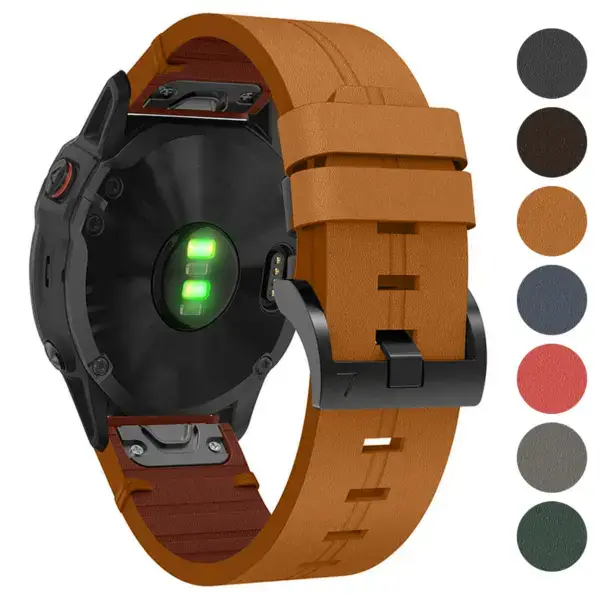 Italian leather strap for Garmin QuickFit 20 watches, featuring a stylish design in a warm tan color, showcasing its sleek attachment and compatibility with fitness tracking