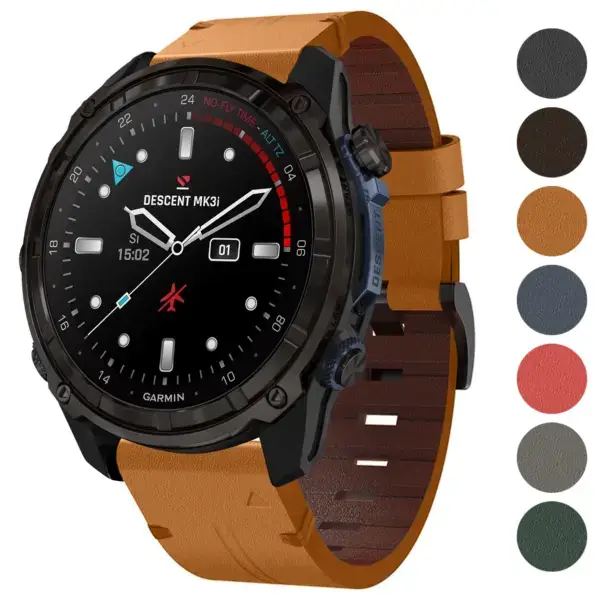 Italian leather strap for Garmin Descent Mk3i and Mk3, featuring a stylish brown design that enhances the watch's look while ensuring comfort and durability