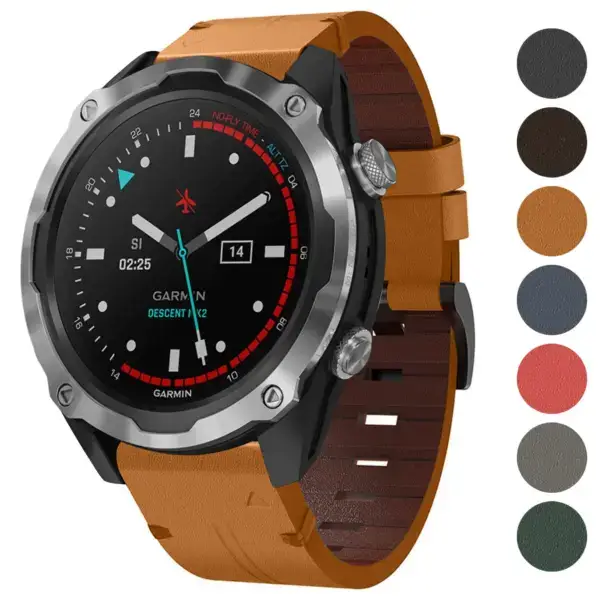 Italian leather strap for Garmin Descent MK2 and MK2S, featuring a stylish brown design. Compatible with Descent MK2, MK2S models