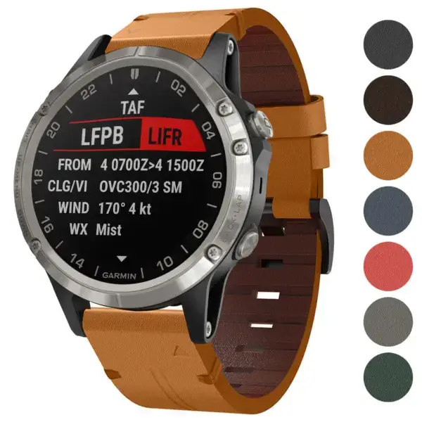 Italian leather strap for Garmin D2 Delta and D2 Delta S. Features a stylish design in various colors, enhancing the watch's elegance and comfort