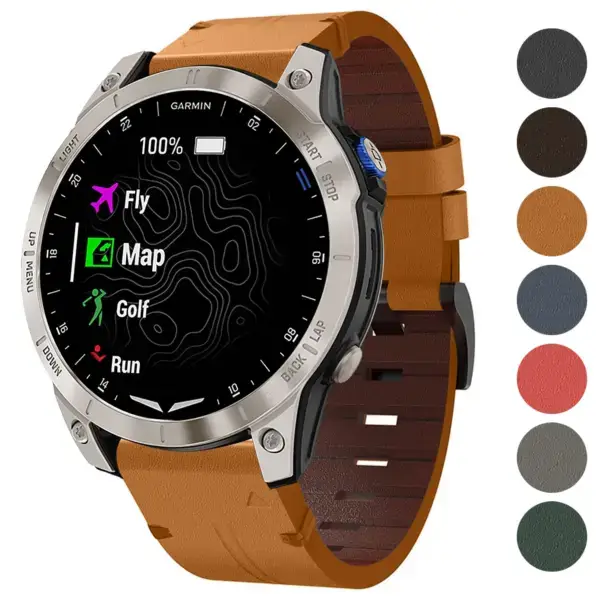 Italian leather strap for Garmin Approach S70 (42mm) in a rich tan color, showcasing a sleek design and compatibility with golf, map, and fitness features