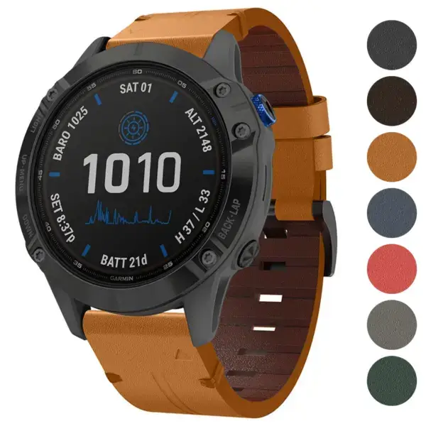 Italian leather strap for Garmin Fenix 6X, compatible with Fenix 6 and 6X models. Features a stylish design and available in multiple colors