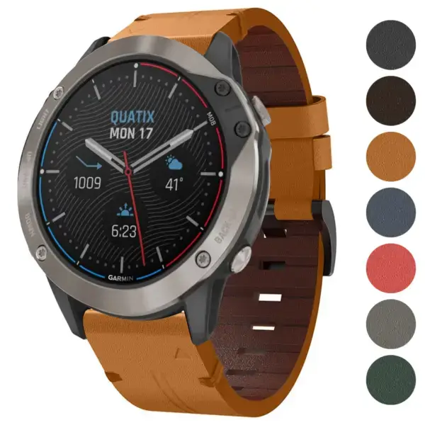 Italian leather strap for Garmin Quatix 6X, featuring a stylish design. Compatible with Garmin Quatix 6 and Quatix 6X models. Available in various colors