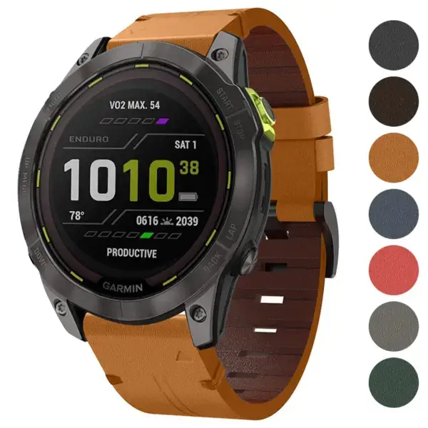 Italian leather strap for Garmin Enduro 3, featuring a stylish design and compatibility with Garmin Enduro models. Available in various colors for a personalized look