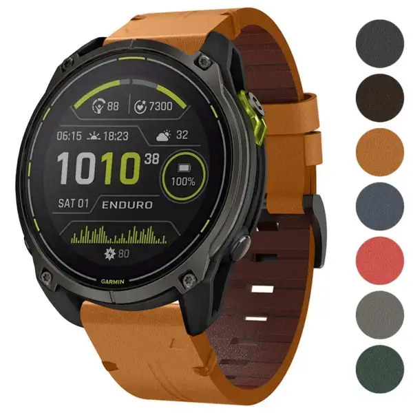 Italian leather strap for Garmin Enduro, featuring a stylish design and compatibility with Garmin Enduro models. Available in multiple colors for a personalized look