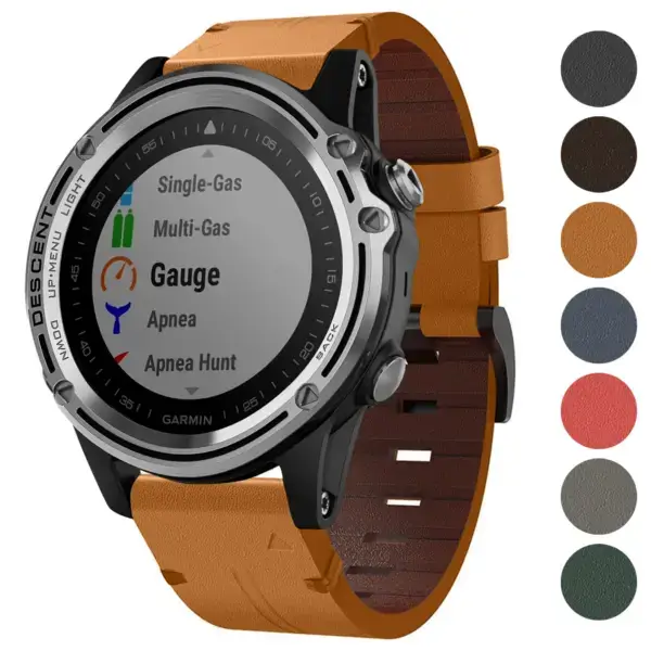Italian leather strap for Garmin Descent Mk1, featuring a stylish design and compatibility with Garmin Descent Mk1 models. Available in various colors