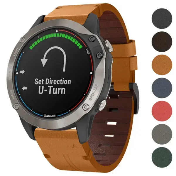 Italian leather strap for Garmin Quatix 6, showcasing a stylish brown design. Compatible with Garmin Quatix 6 models, enhancing both functionality and elegance