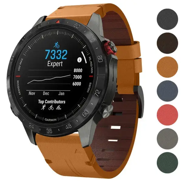 Italian leather strap for Garmin MARQ 2, featuring a stylish design in brown. Compatible with Garmin MARQ, MARQ Gen 2, enhancing both comfort and elegance