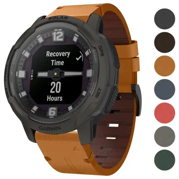 Italian leather strap for Garmin Instinct and Instinct Crossover, featuring a sleek design in orange, enhancing style and comfort for outdoor adventures