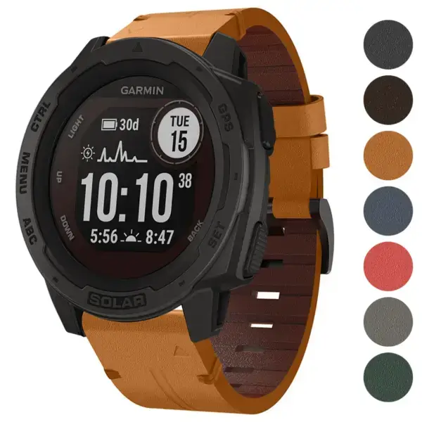 Italian leather strap designed for Garmin Instinct watches. Features a stylish orange color, enhancing the watch's look while ensuring comfort and durability. Compatible with Garmin Instinct models