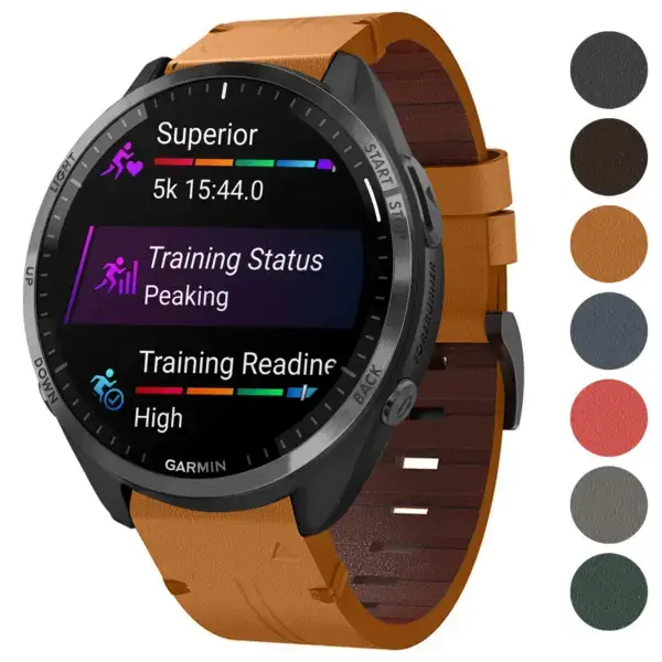 Italian leather strap for Garmin Forerunner 965, featuring a sleek design and compatibility with Forerunner 965 models. Available in various stylish colors