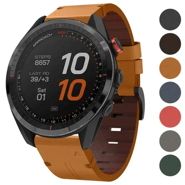Italian leather strap for Garmin Approach S62, featuring a stylish design and compatibility with Garmin Approach S6 and S62 models. Available in multiple colors