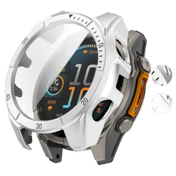 A protective case designed for the Garmin Tactix 8, featuring a clear shield and durable materials to safeguard the watch from scratches and impacts