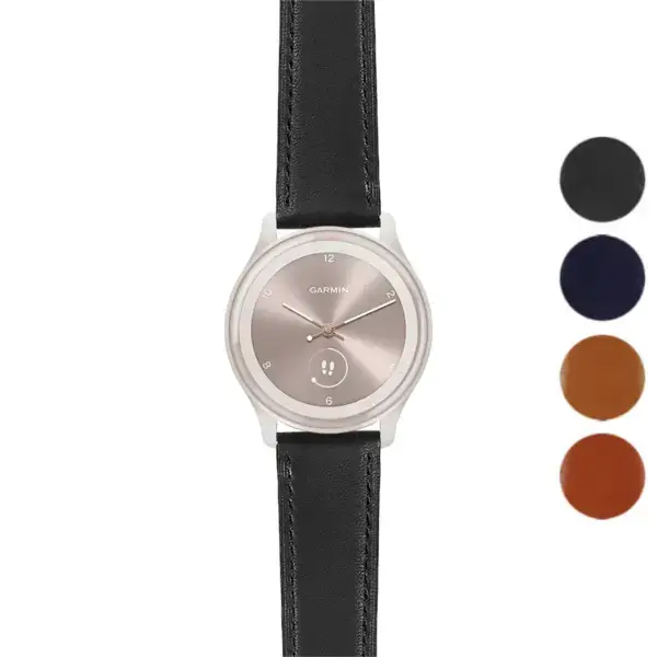 Italian leather strap for Garmin Vivomove and Vivomove Sport. Features a sleek black design, enhancing the watch's elegance and style. Available in multiple colors