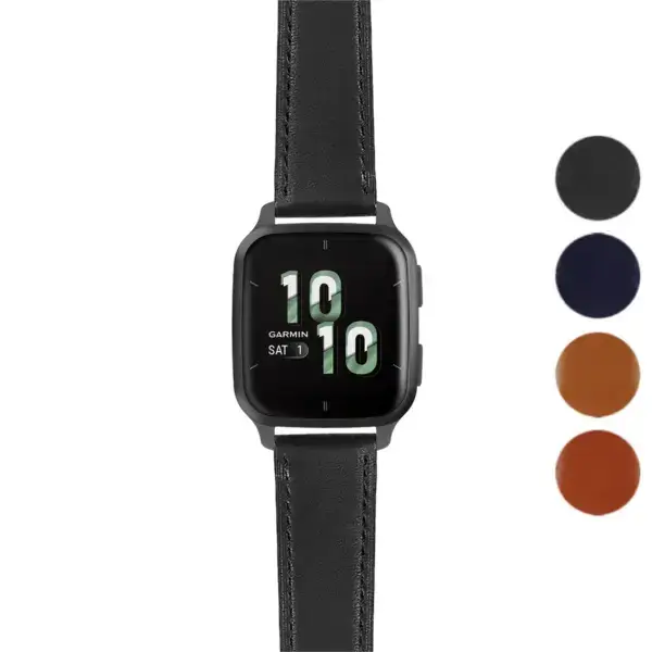 Italian leather strap for Garmin Venu Sq 2, featuring a sleek design. Compatible with Garmin Venu and Venu Sq. Available in multiple colors: black, navy, brown, and orange