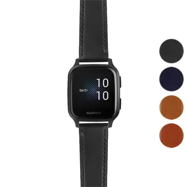 Italian leather strap for Garmin Venu Sq, featuring a sleek design. Compatible with Garmin Venu and Venu Sq. Available in multiple colors: black, navy, orange, and brown