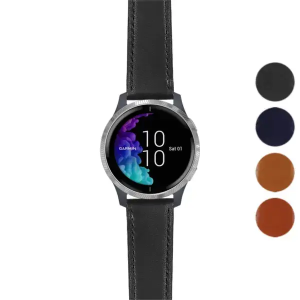 Italian leather strap for Garmin Venu, showcasing a sleek black design. Compatible with Garmin Venu models, available in various colors. Perfect for style and comfort