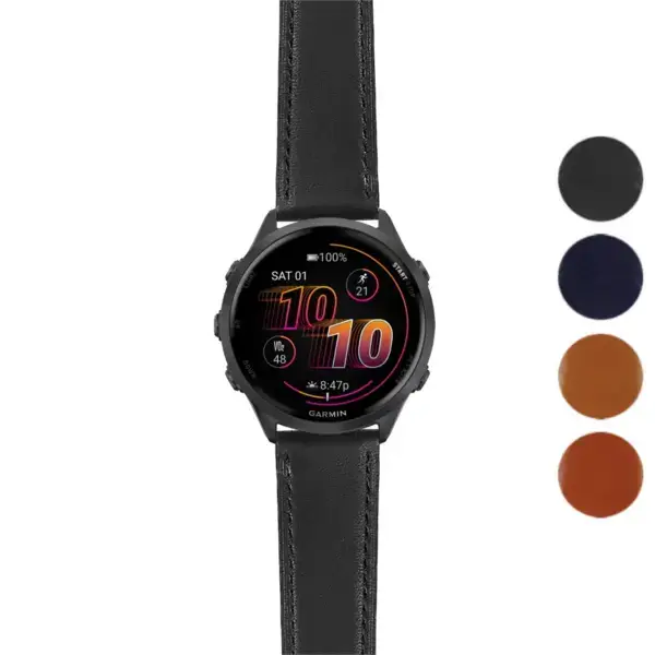 Italian leather strap for Garmin Forerunner 570, 42mm. Features a sleek design with a black finish, enhancing the watch's style and comfort. Compatible with Garmin Forerunner 570 models