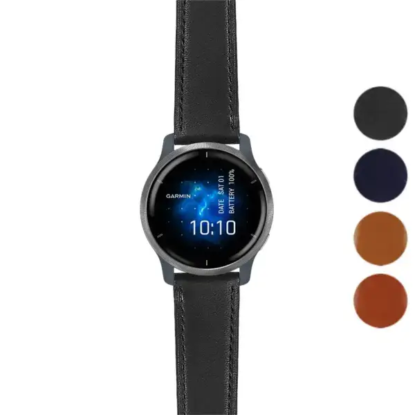 Italian leather strap for Garmin Venu 2, featuring a sleek design. Compatible with Garmin Venu and Venu 2 models. Available in multiple colors: black, navy, brown, and orange