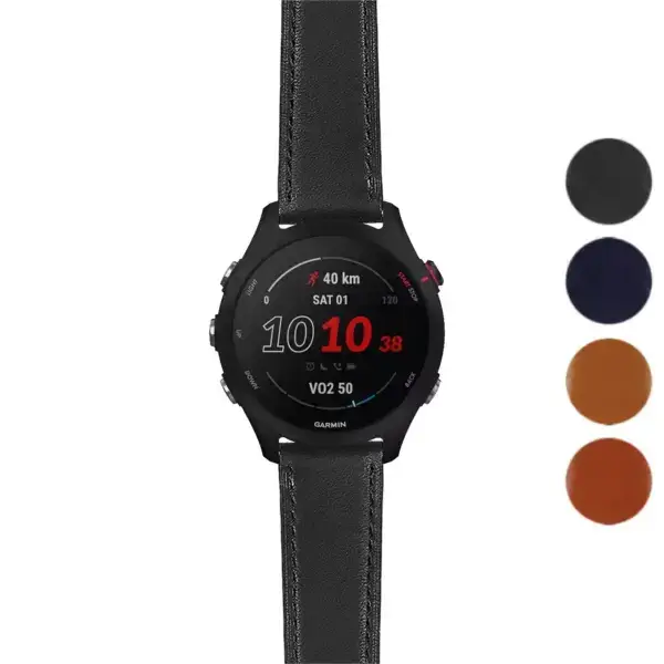 Italian leather strap designed for Garmin Forerunner 25 and 255, featuring a sleek black design and a stylish finish, enhancing both comfort and elegance