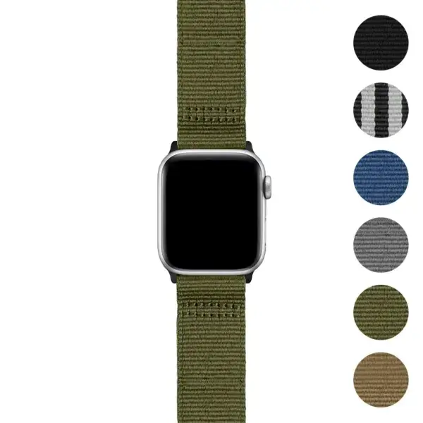 Pro Seatbelt Strap for Apple Watch in olive green, made of durable nylon. Compatible with various Apple Watch models and sizes, offering a stylish and secure fit