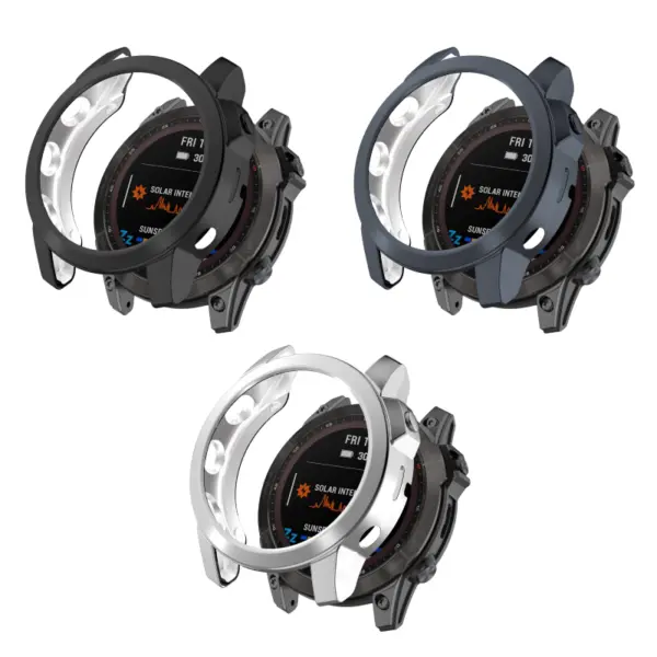 Three protective cases for Garmin Fenix 7 and 7 Pro in black, gray, and white, designed to safeguard the watch while maintaining access to features and functionality