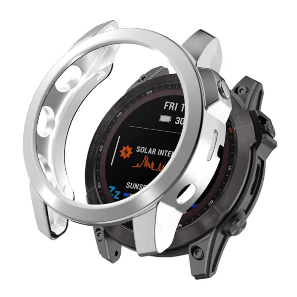 Protective case designed for Garmin Fenix 7 and 7 Pro, showcasing a sleek silver frame that enhances durability while allowing easy access to the watch's features