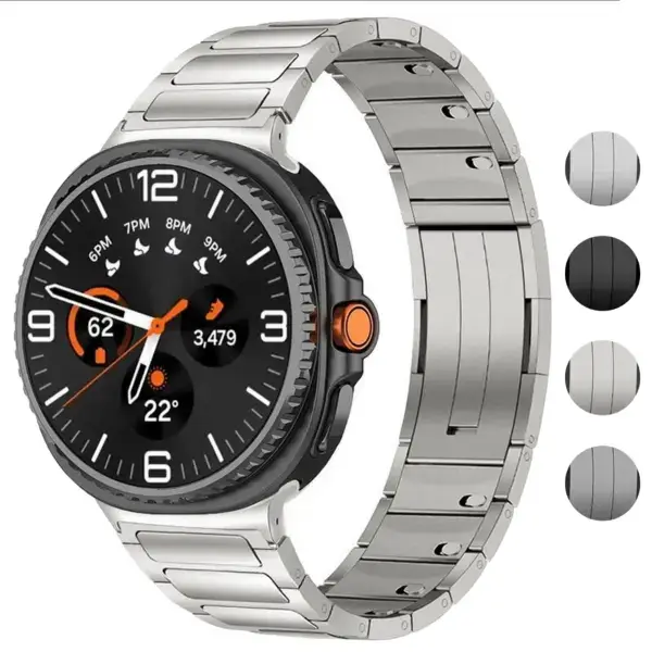 Titanium bracelet designed for Samsung Galaxy Watch 8, available in sizes L, M, and S. Features a sleek, durable design in silver, black, and gray options