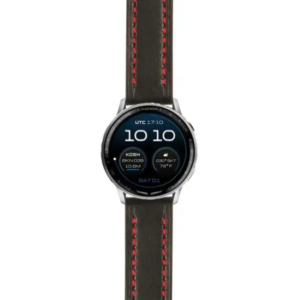 g.dax15.st23.1.6 Main Black & Red Thick Leather Strap 22mm Quick Release w Stitching Watch Band For Garmin D2 Air X15