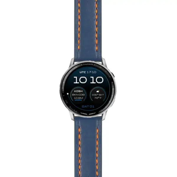 g.dax15.st23.5.12 Main Blue & Orange Thick Leather Strap 22mm Quick Release w Stitching Watch Band For Garmin D2 Air X15