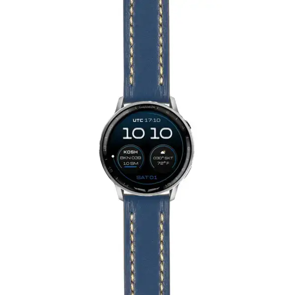 g.dax15.st23.5.22 Main Blue & White Thick Leather Strap 22mm Quick Release w Stitching Watch Band For Garmin D2 Air X15
