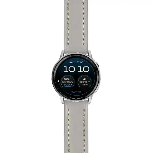 g.dax15.st23.7.22 Main Grey & White Thick Leather Strap 22mm Quick Release w Stitching Watch Band For Garmin D2 Air X15