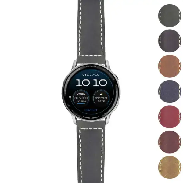 DASSARI Salvage Leather Strap for Garmin D2 Air X15 in grey, featuring white stitching. Compatible with Garmin D2 Air and X15. Available in sizes S, M, L