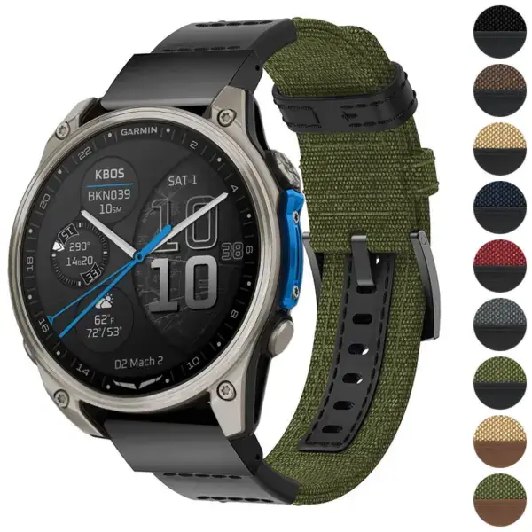 Rugged canvas band for Garmin D2 Mach 2 (47mm) in various colors. Durable and stylish, available in sizes S, M, L. Perfect for outdoor adventures and everyday wear
