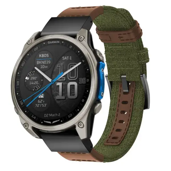 d2m2.g.ny2.11.2 Main Green & Brown Rugged Canvas Band QuickFit 22 Watch Band For Garmin D2 Mach 2 – 47mm