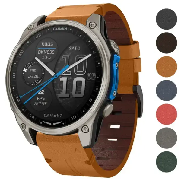 Italian leather strap for Garmin D2 Mach 2 (47mm) in brown. Compatible with various sizes (L, M, S) and available in multiple colors. Durable and stylish accessory