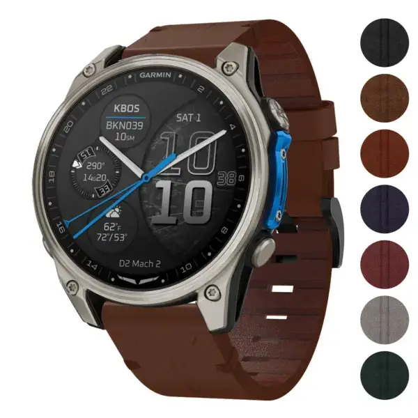 Vintage Italian leather strap for Garmin D2 Mach 2, 47mm. Available in multiple sizes (L, M, S) and colors. Durable and stylish for an elegant look