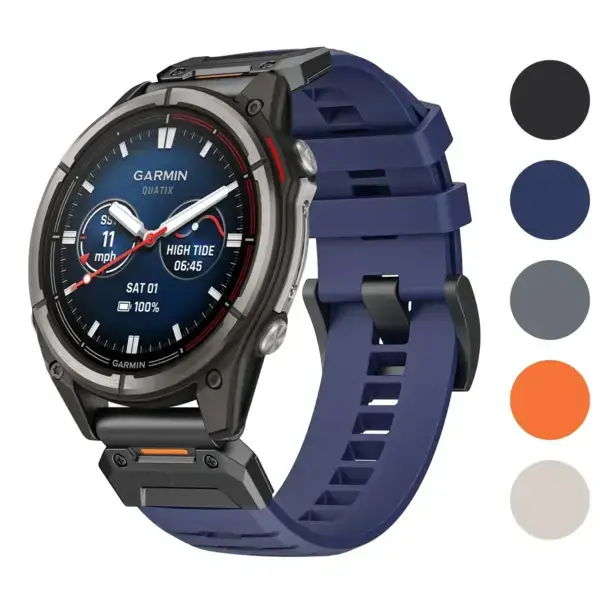 Elite FKM strap for Garmin Quatix 8 (51mm) in various colors. Made from durable FKM material, available in sizes L, M, and S. Ideal for active lifestyles
