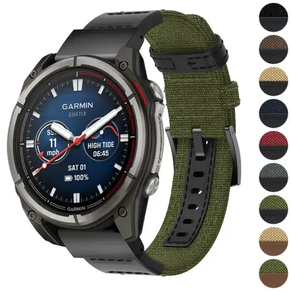 Rugged canvas band for Garmin Quatix 8 (51mm) in green, showcasing durability and style. Available in sizes L, M, S, with multiple color options displayed