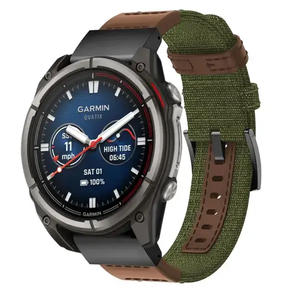 qtx8.g.ny1.11.2 Main Green & Brown Rugged Canvas Band QuickFit 26 Watch Band For Garmin Quatix 8 – 51mm