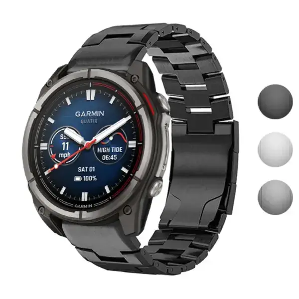 Vented Titanium Bracelet for Garmin Quatix 8, 51mm size. Sleek design in black, perfect for outdoor adventures. Available in sizes L, M, and S