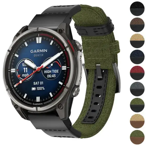 Rugged canvas band for Garmin Quatix 8 (47mm) in green, featuring durable materials and available in sizes S, M, L. Ideal for outdoor activities and style
