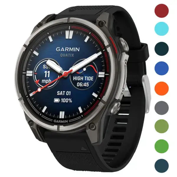 Rugged Sport Strap for Garmin Quatix 8, 47mm. Features a durable design with multiple size options (L, M, S) and available in various colors. Ideal for active lifestyles