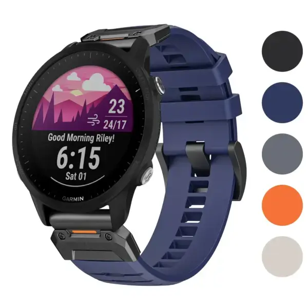 Elite FKM Strap for Garmin Forerunner 955 in blue, compatible with Forerunner 955 models. Available in sizes L, M, S, made from durable FKM material