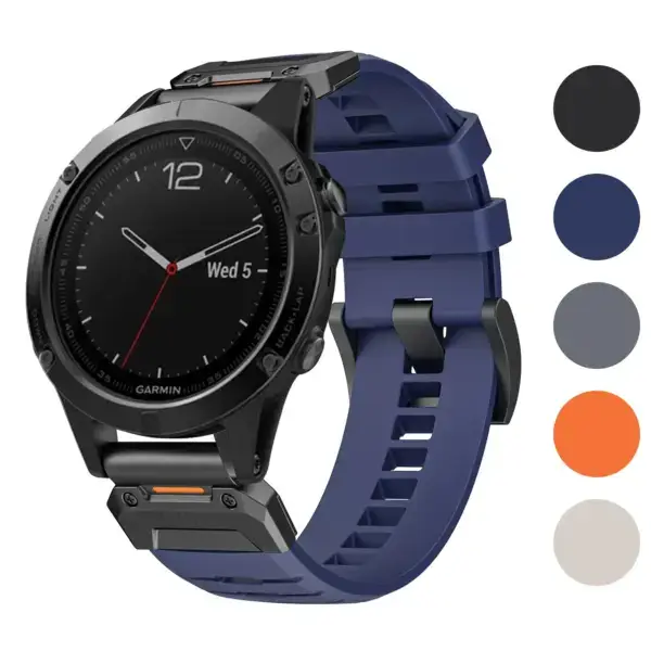 Elite FKM strap for Garmin Fenix 5 & 5 Plus in navy blue, showcasing a sleek design. Available in sizes L, M, and S, made from durable FKM material