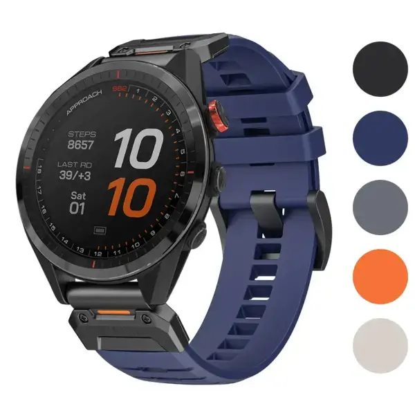 Elite FKM strap for Garmin Approach S62, available in sizes L, M, S. Compatible with Garmin Approach S6 and S62. Durable design in multiple colors